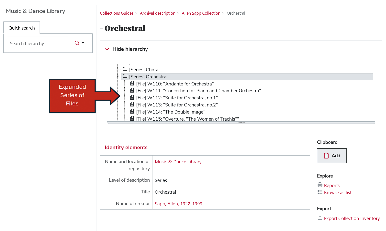 list of files  tree-view. Navigate with up and down arrow keys and expand or collapse series with left and right keys