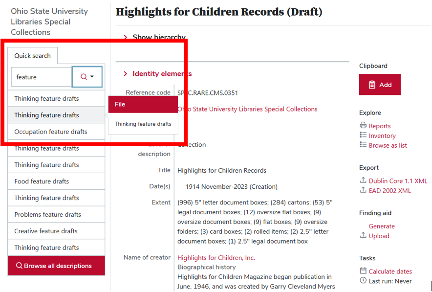 search hierarchy text input in the sidebar