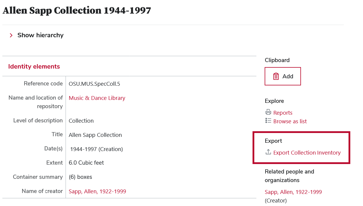 the link to export collection inventory in the context menu