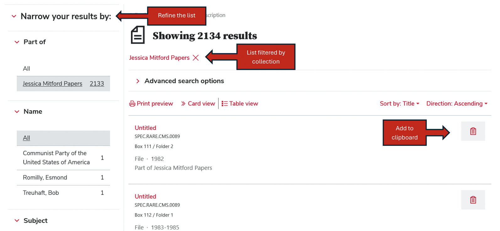 the link to remove a collection filter says which collection it is. Also noted are the button atop the sidebar and the add to clipboard button next to each record in the list
