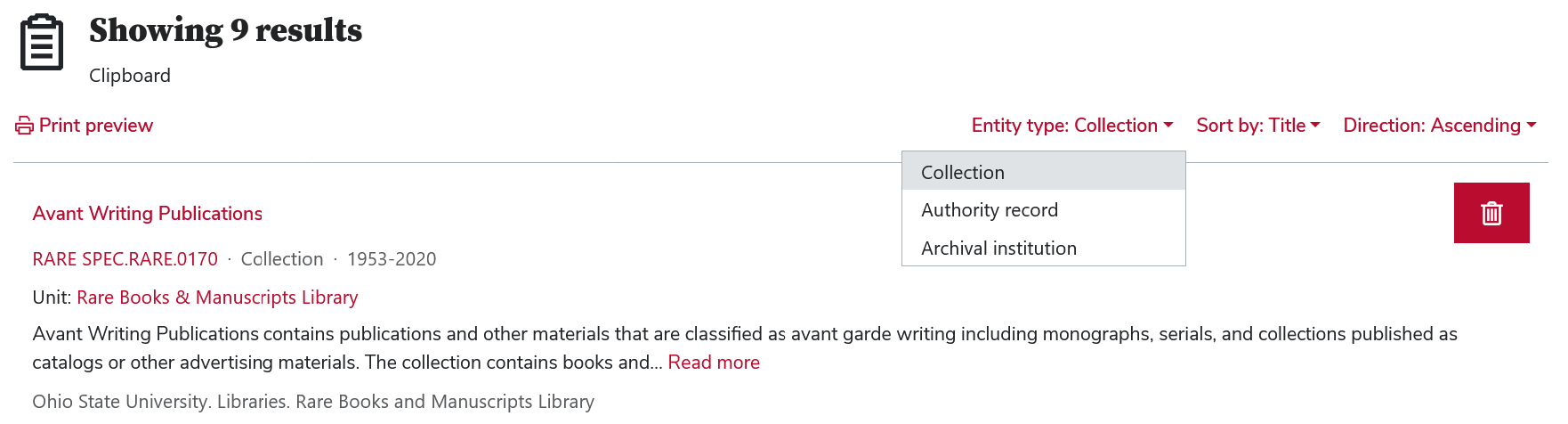 the button to select entity type comes after the link to print preview
