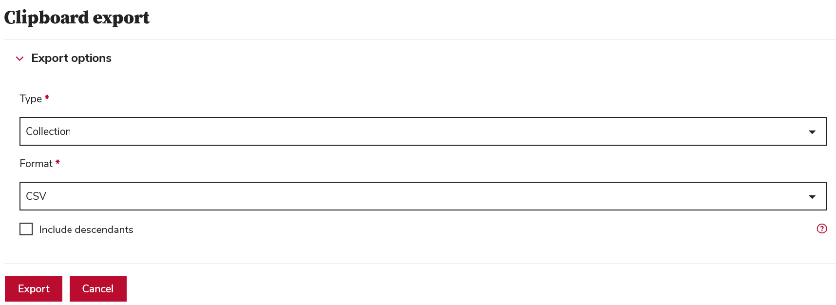 the page for clipboard export