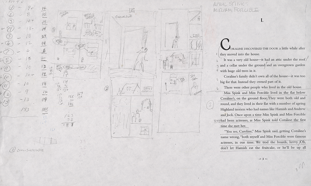 Russell's thumbnail sketches in the margins of Gaiman’s prose version of Coraline