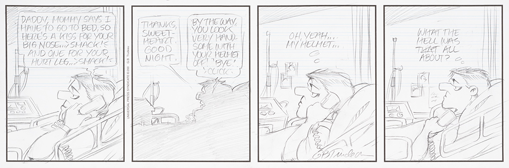 Doonesbury strip in pencil in 4 panels