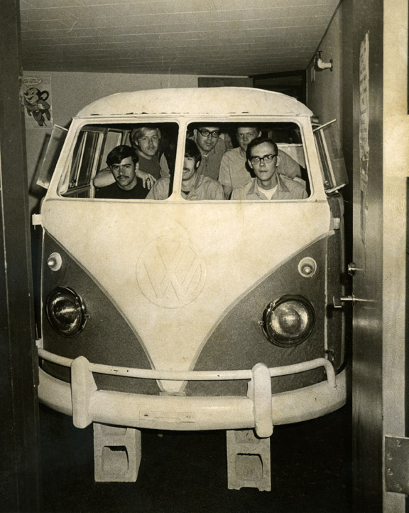 Students with a Volkswagen bus in their room