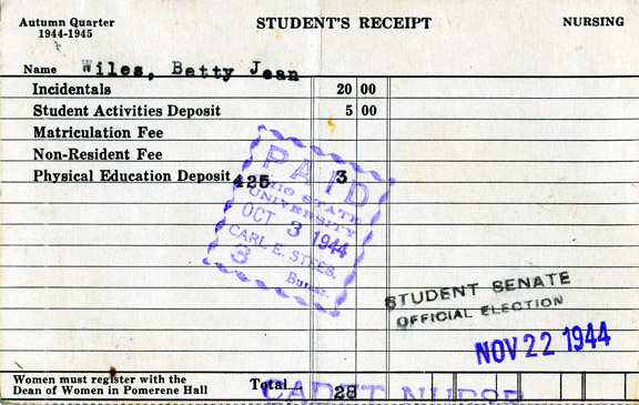 Student fee card, 1944