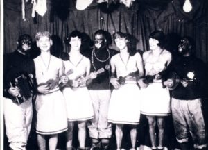 The chorus "girls" of the Antarctic Follies. Left to right: Jack O'Brien, Freddie Crockett, Eddie Goodale, Norman Vaughan, Ken Bubier, Jim Feury and Pete Demas