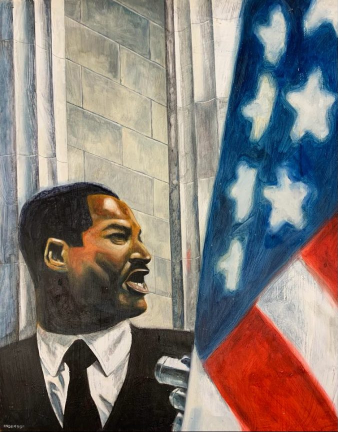 Painting depicting a young Martin Luther King Jr. next to an American flag