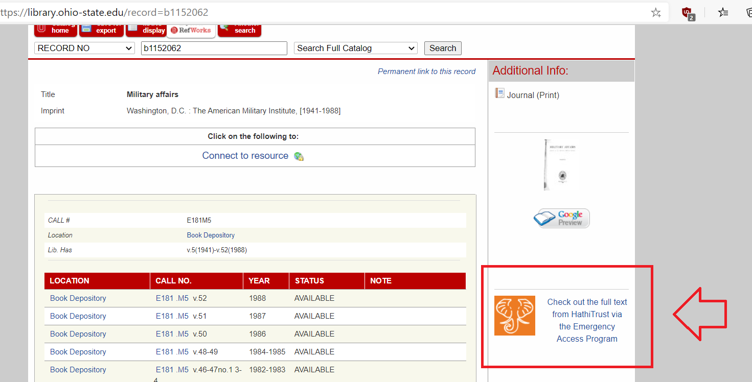 Example of the HathiTrust Links displaying in the catalog