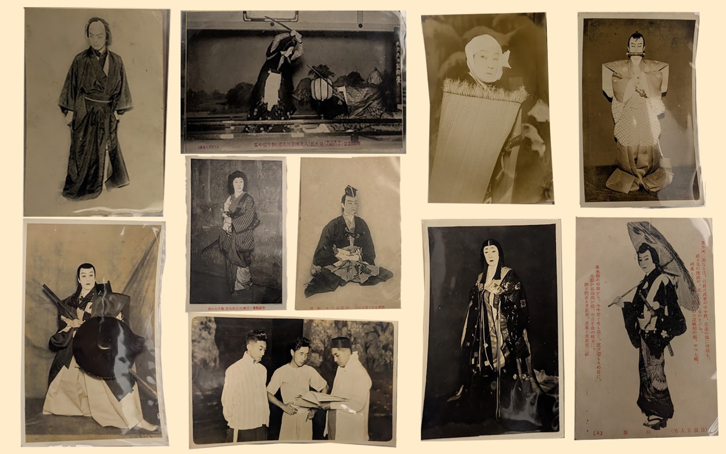 A photo collage of various postcards featuring kabuki actors.
