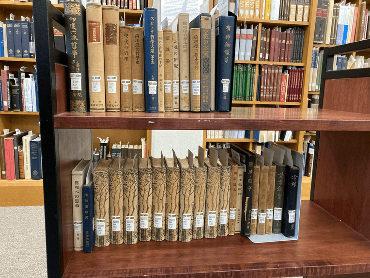 A rolling shelf with two rows of books written in Japanese, spines facing the camera
