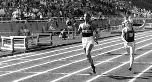 Jesse Owens crosses the finish line while running for OSU. Photo date unkown.