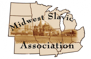 outline of states that comprise the "Midwest Slavic Association" with a sepia photo of red square in the center